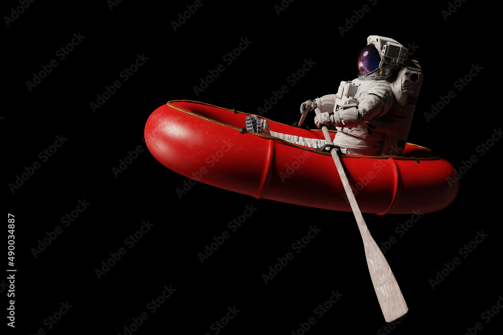 astronaut in red dinghy, isolated on black background - obrazy, fototapety, plakaty 