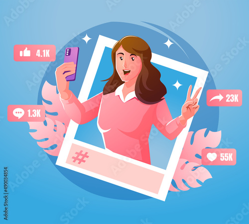 woman posting selfie photo on social media
