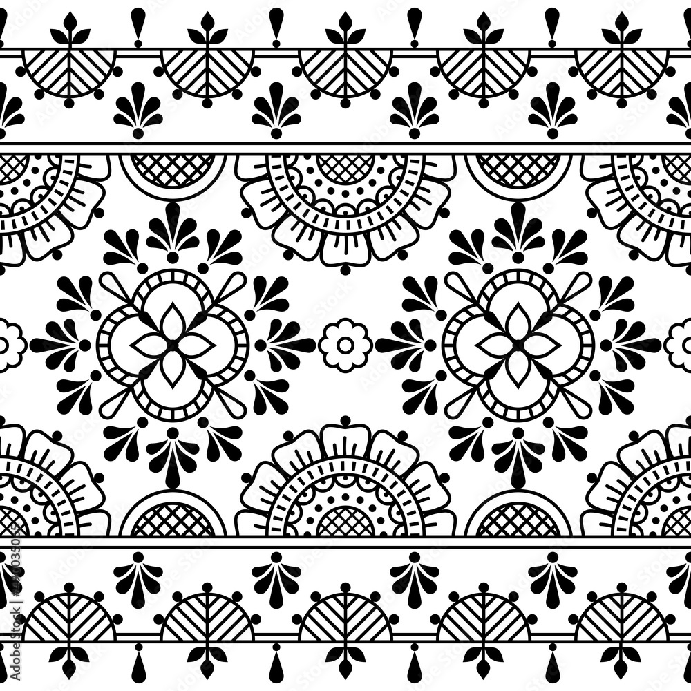 Floral folk art outline vector seamless pattern, decorative textile or  fabric print design with flowers inspired by lace and embroidery patterns  Stock Vector