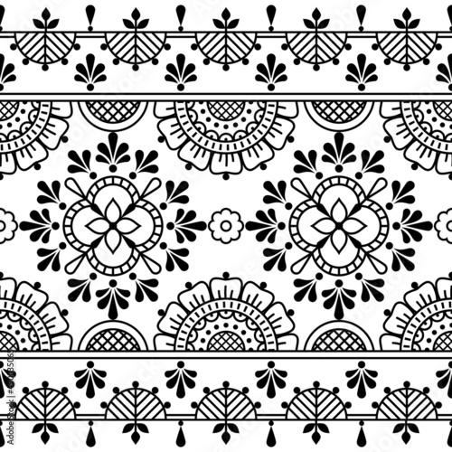 Floral folk art outline vector seamless pattern, decorative textile or fabric print design with flowers inspired by lace and embroidery patterns 
