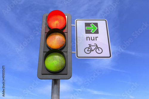 3d Illustration - Verkehrsampel - Ampel - Rot - grüner Pfeil für Radverkehr - Himmel - Wolken photo