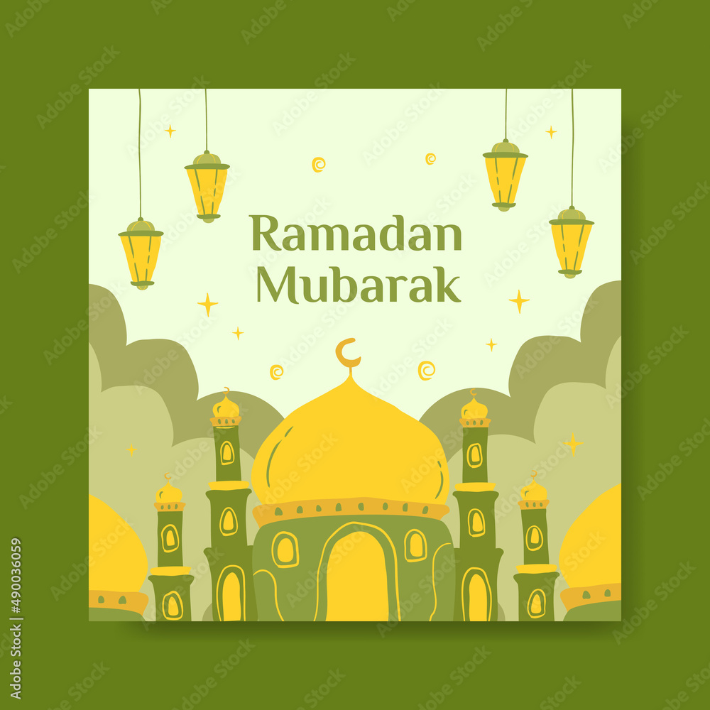 Ramadan Mubarak social media banner template . flat Illustration vector graphic. Design concept Mosque with lantern, Perfect for Islamic Holy Month, banner, Postcard social media