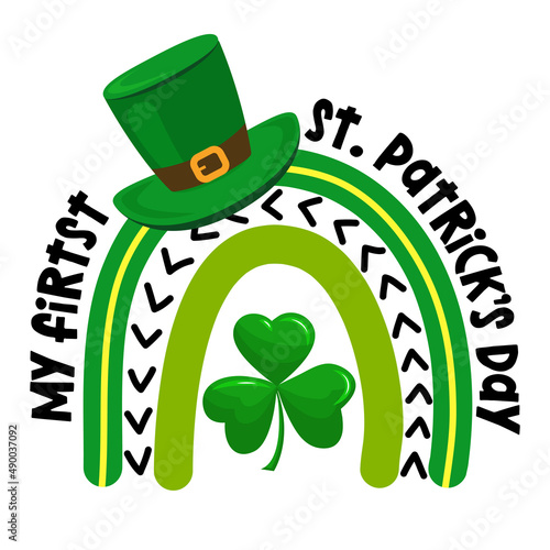 My first (1.) Saint Patrick's Day - Baby clothes calligraphy label. Isolated on white background. Hand drawn lettering for Paddy greeting cards, invitations. Good for t-shirt, mug, gift. Baby clothes