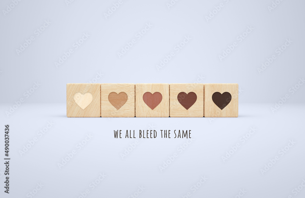 Obraz premium Anti racism, tolerance, unity, love and equality between ethnics groups concept with skin tone hearts on wooden cubes. Motivational poster against racism and discrimination in 3D rendering