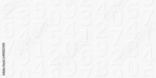 White mono chrome pattern with volume 3d numbers on it, play of light and shadow, letters forming texture, wallpaper background cover