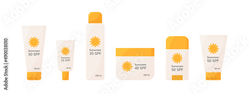 Sunscreen cosmetic bottles set. Different SPF sunblock summer cosmetic: lotion, spray, cream, stick. Anti UV protection, solar skincare products, healthy sunbathing concept. Colorful cartoon vector.