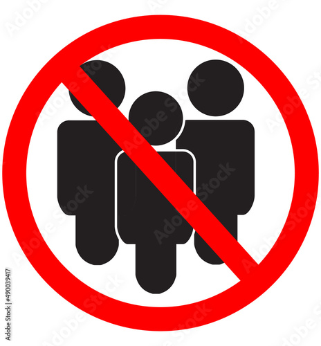 No public meetings sign on white background. Avoid crowds symbol. flat style.