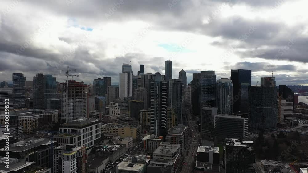 Aerial of downtown Seattle's skyline on a cloudy day. Aerial of downtown Seattle's skyline on a cloudy day.