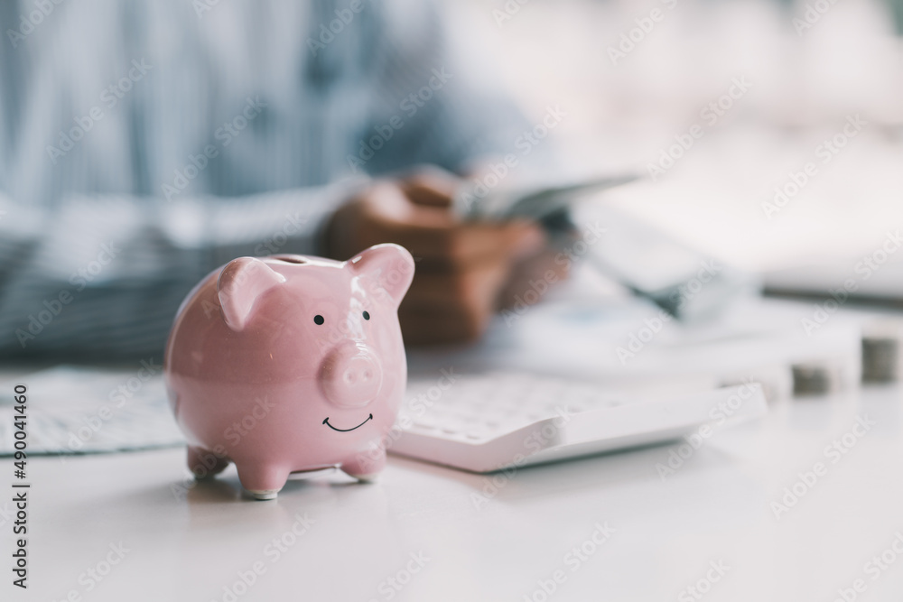 Piggybank Money And Calculator. Accountant Insurance Collection, save money and investment concept. Piggybank Money And Calculator. Accountant Insurance Collection, save money and investment concept.