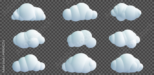 Set stylized funny cartoon vector cloud isolated on transparent background. Children clay, plastic or soft toy. Collection colorful design element different shapes. Realistic 3d illustration.