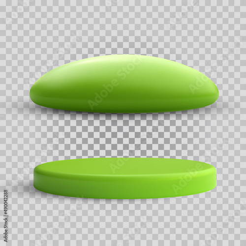 Set realistic cartoon green island, podium, pedestal different shapes isolated on transparent background. Sweet design children element. Collection beautiful vector illustration.