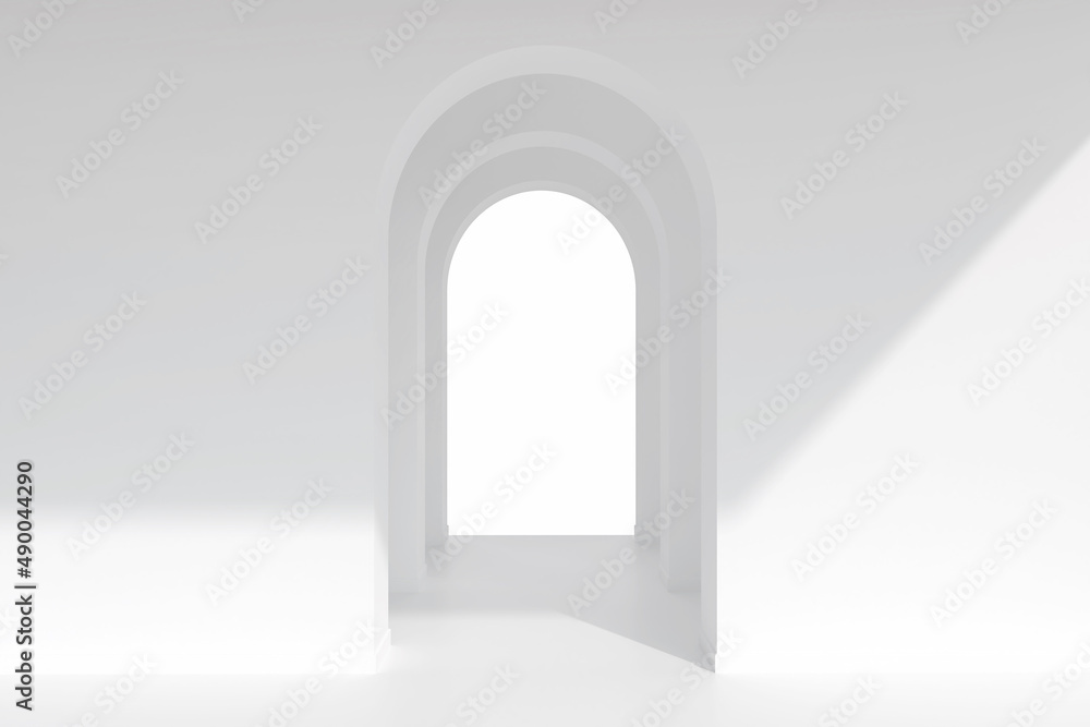 Fototapeta premium White architecture arch hallway space. Abstract arch curve corridor with soft shadow.
