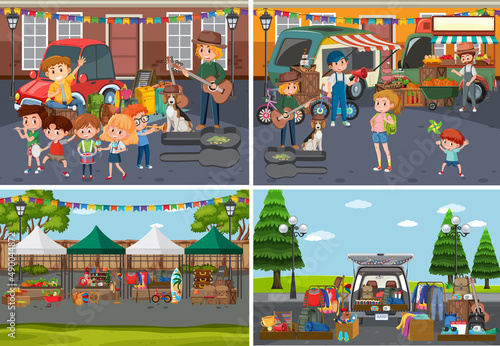 Flea market scene in cartoon style