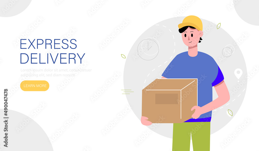 Express delivery landing page template. Delivery man holding a parcels box. Vector illustration. Express delivery landing page template. Delivery man holding a parcels box. Vector illustration.