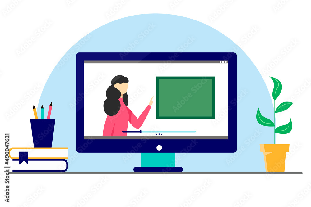 Online learning concept. The teacher conducts the lesson online. flat style illustration. Online learning concept. The teacher conducts the lesson online. flat style illustration.