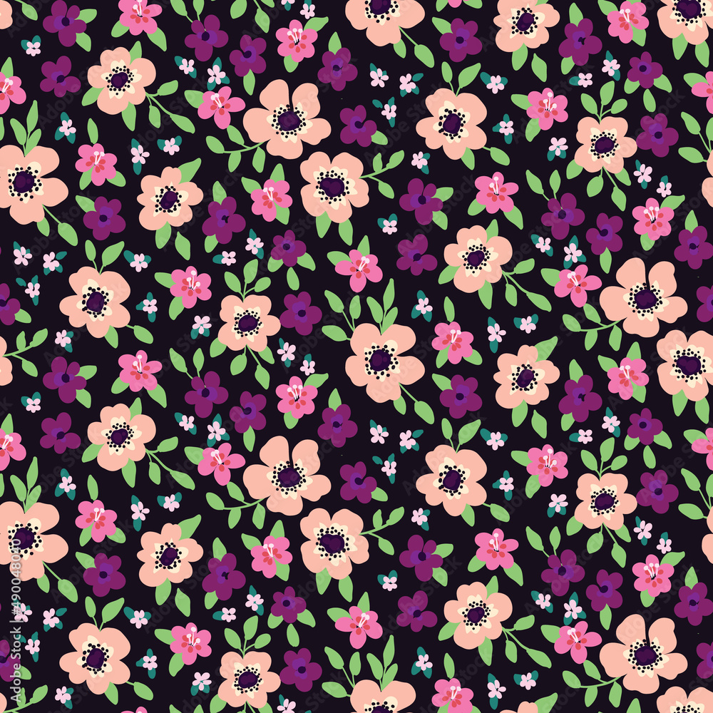 Seamless pattern with ornate flower meadow. Summer floral print with many small flowers, leaves, blades of grass on a dark field. Liberty botanical background. Vector illustration. Seamless pattern with ornate flower meadow. Summer floral print with many small flowers, leaves, blades of grass on a dark field. Liberty botanical background. Vector illustration.