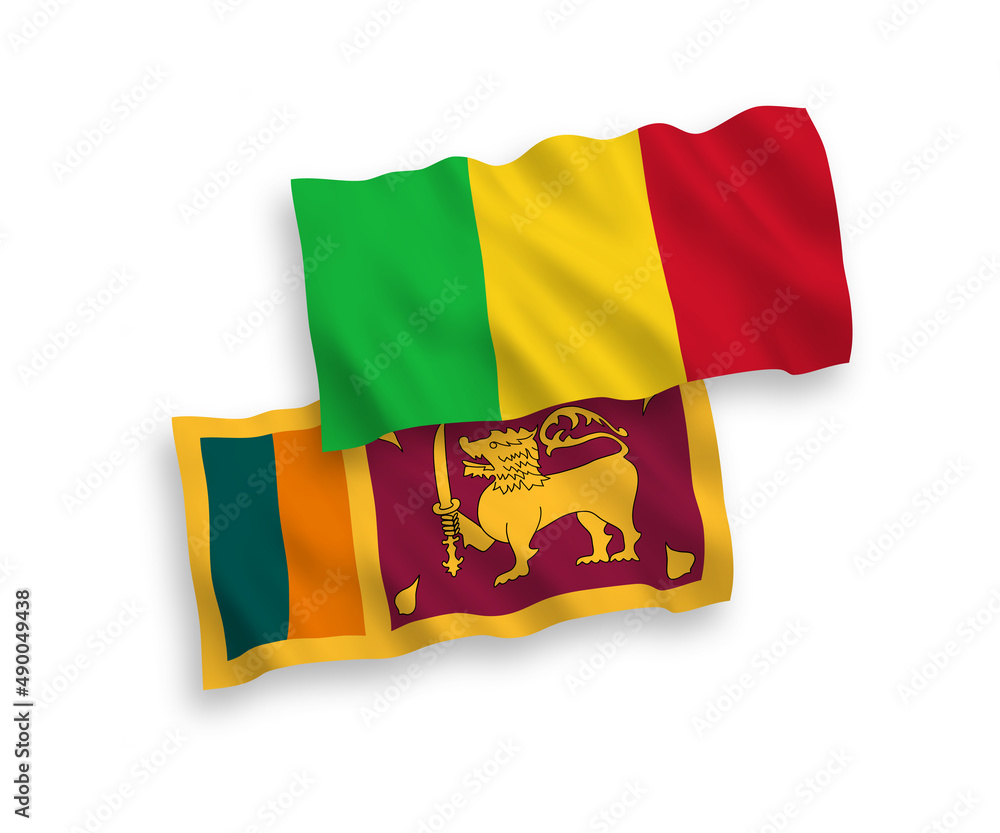 Fototapeta premium National vector fabric wave flags of Sri Lanka and Mali isolated on white background. 1 to 2 proportion.