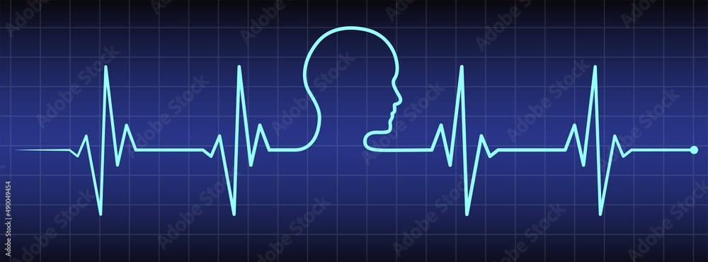 Ecg, ekg monitor with cardio diagnosis and human head. Heart rhythm line vector design to use in healhcare, healthy lifestyle, medicine and ekg, ecg concept illustration projects.

