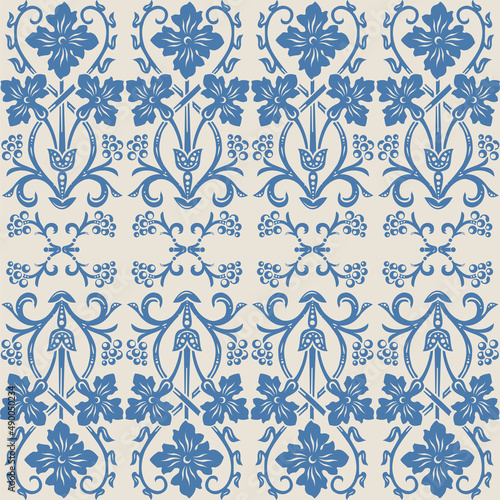 Seamless pattern in ivory ang blue, vintage Victorian floral ornament of wild flowers, scrolls and swirls