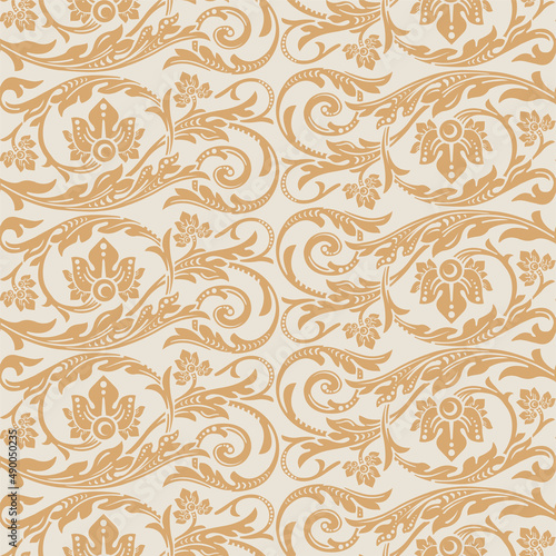 Seamless pattern in ivory beige ang gold yellow, vintage Victorian floral ornament of flowers, scrolls and swirls