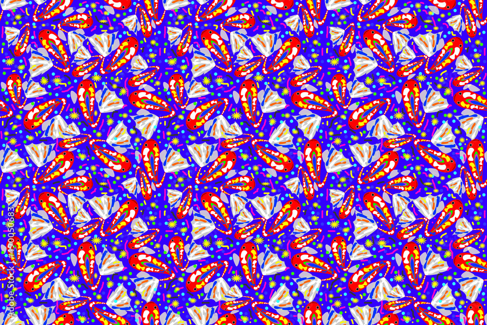Seamless wallpaper with multicolored guppy pattern on bright blue
