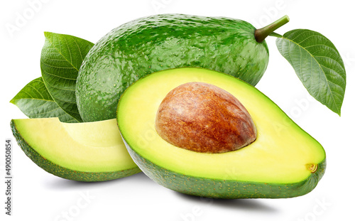 Avocado fruit with leaf isolate. Avocado half on white. Avocado clipping path. High End Retouching