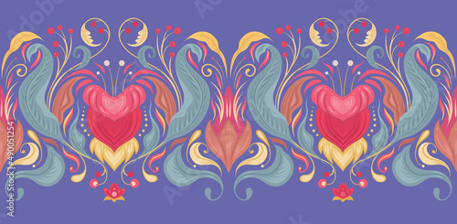 Vector seamless border with neon vintage floral ornament. Baroque frame with flowers and foliage on very peri background. Luxury fluorescent damask frieze in flat hand drawn style