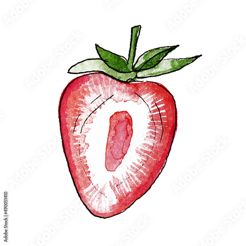 fresh red ripe ripe berry on a white background. a slice of strawberries. Watercolour. Vector illustration.