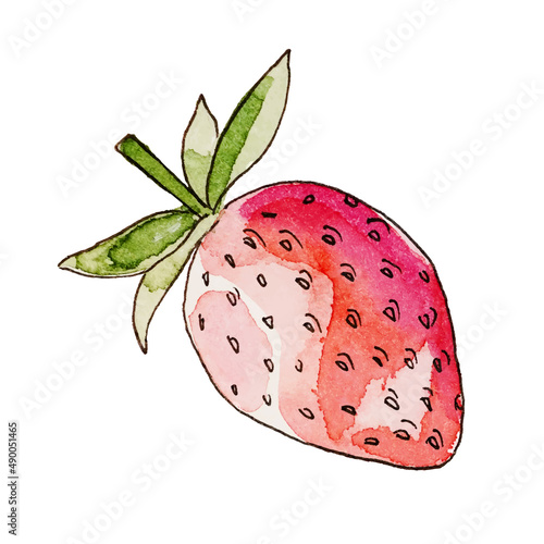 fresh red ripe mellow berry on white background. Whole strawberry. Watercolor. Vector illustration.