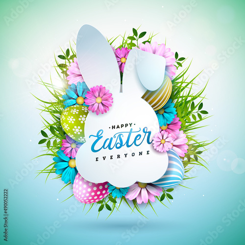 Vector Illustration of Happy Easter Holiday with Painted Egg and Spring Flower on Shiny Light Blue Background. International Celebration Design with Rabbit Shape and Typography for Greeting Card