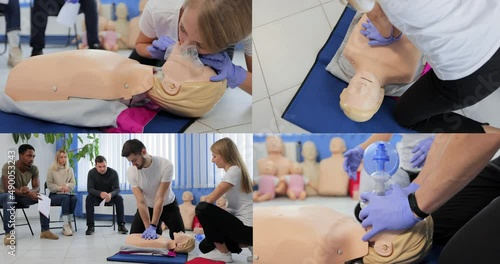 Multi-screen of instructor demonstrating CPR on mannequin at first aid training course. photo