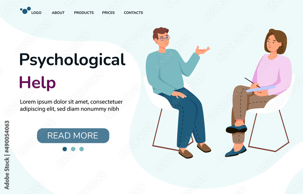 Psychotherapy landing page template. Vector psychological help web banner design. Psychological, psychotherapy web page support and session illustration