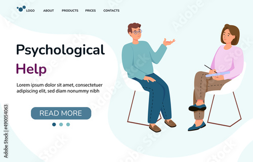 Psychotherapy landing page template. Vector psychological help web banner design. Psychological, psychotherapy web page support and session illustration