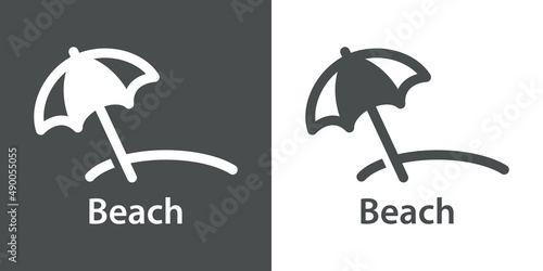 Beach holidays. Destino de vacaciones. Banner con texto beach con silueta de parasol en fondo gris y fondo blanco