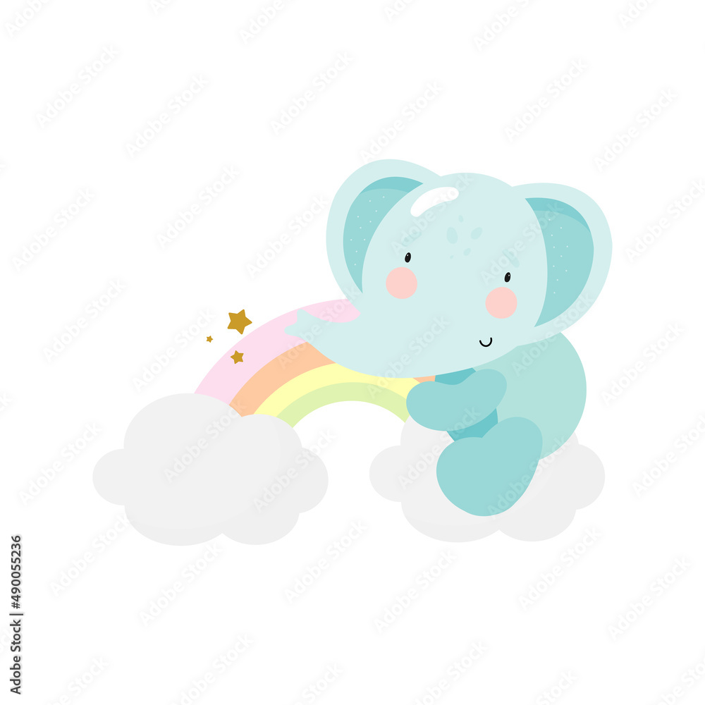 Cute Elephant on a Rainbow. For kids stuff, card, posters, banners, books, printing on the pack, printing on clothes, fabric, wallpaper, textile or dishes. Vector illustration. Cute Elephant on a Rainbow. For kids stuff, card, posters, banners, books, printing on the pack, printing on clothes, fabric, wallpaper, textile or dishes. Vector illustration.