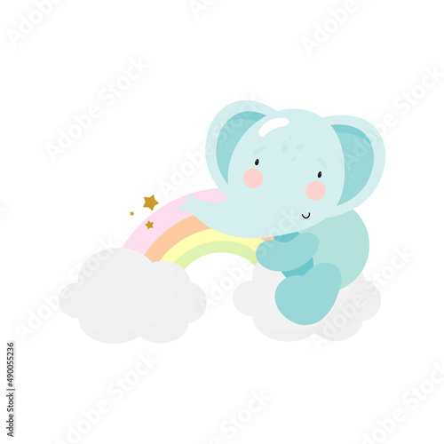 Fototapeta Naklejka Na Ścianę i Meble -  Cute Elephant on a Rainbow. For kids stuff, card, posters, banners, books, printing on the pack, printing on clothes, fabric, wallpaper, textile or dishes. Vector illustration.