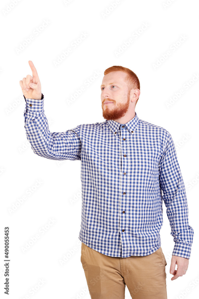 Caucasian red-haired and bearded man with touch screen imaging panel. High quality photo Caucasian red-haired and bearded man with touch screen imaging panel. High quality photo