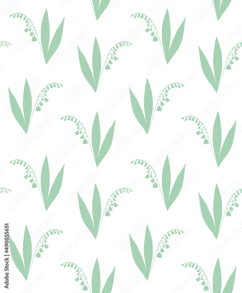 Vector seamless pattern of hand drawn lily of the valley flower silhouette isolated on white background