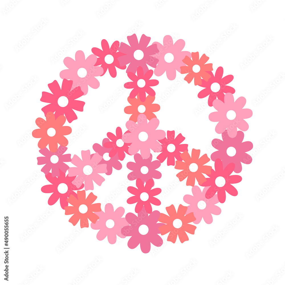 Vector flat peace sign with pink flowers isolated on white background