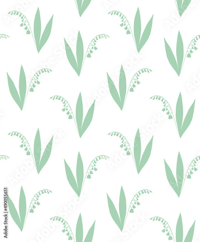 Vector seamless pattern of hand drawn lily of the valley flower silhouette isolated on white background