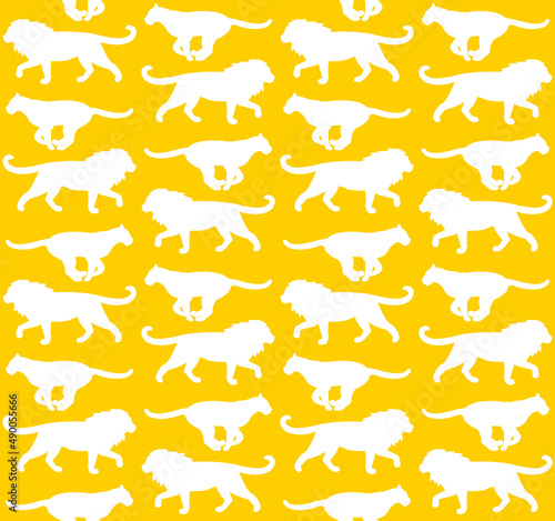 Vector seamless pattern of flat lion and lioness silhouette isolated on yellow background