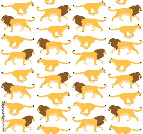 Vector seamless pattern of flat lion and lioness isolated on white background
