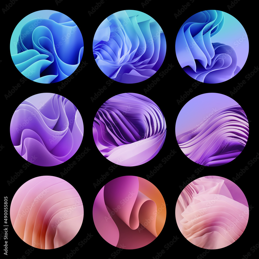 3d render, collection of assorted round fashion stickers with colorful ruffles folds and curvy lines. Circles isolated on black background 3d render, collection of assorted round fashion stickers with colorful ruffles folds and curvy lines. Circles isolated on black background