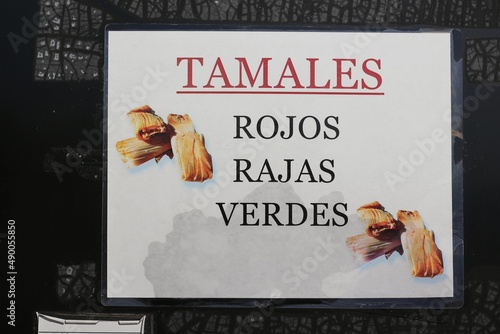 menu of tamales, rojos, rajas, verdes in Spanish