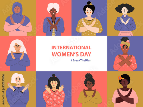 Break the bias. Women's international day 8th march. IWD. Group people with different skin color cross their arms in protest. Women's Movement against discrimination, stereotypes. Horizontal banner.