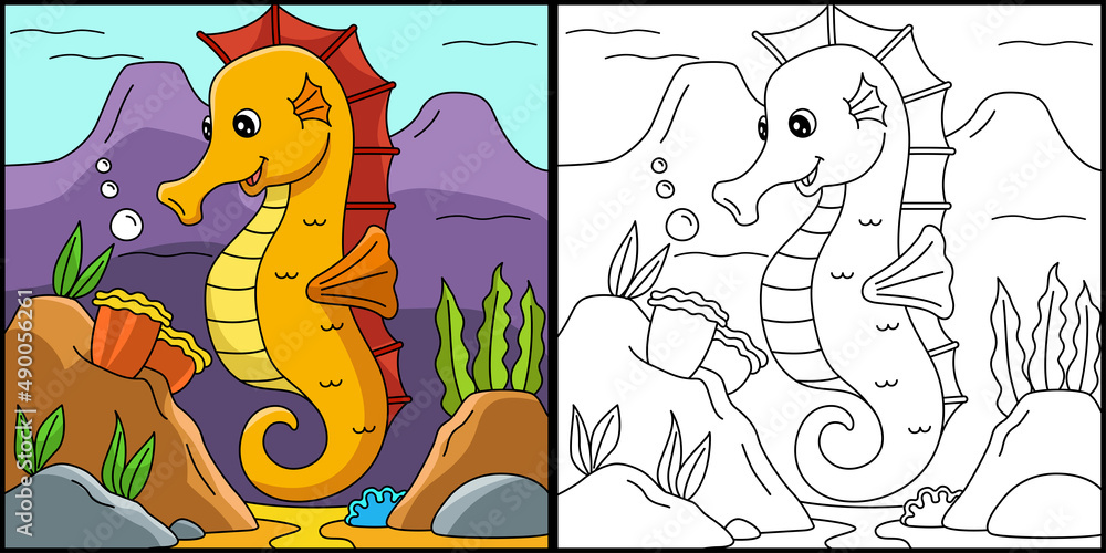 Seahorse Coloring Page Colored Illustration