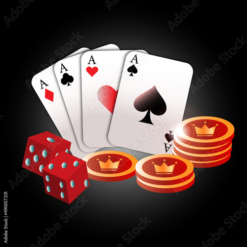 poker cards with dice and  poker chips on a black background