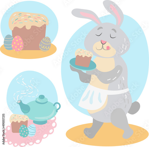 A set of vector illustrations  a cute little rabbit carries an Easter cake  a teapot with tea and an Easter cake  Easter eggs.