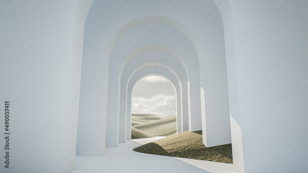 Obraz premium 3d geometric corridor with beautiful sky background