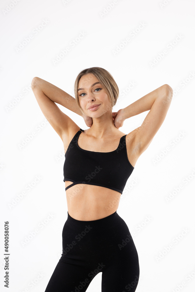 portrait of a caucasian female with a slender figure on a white background portrait of a caucasian female with a slender figure on a white background